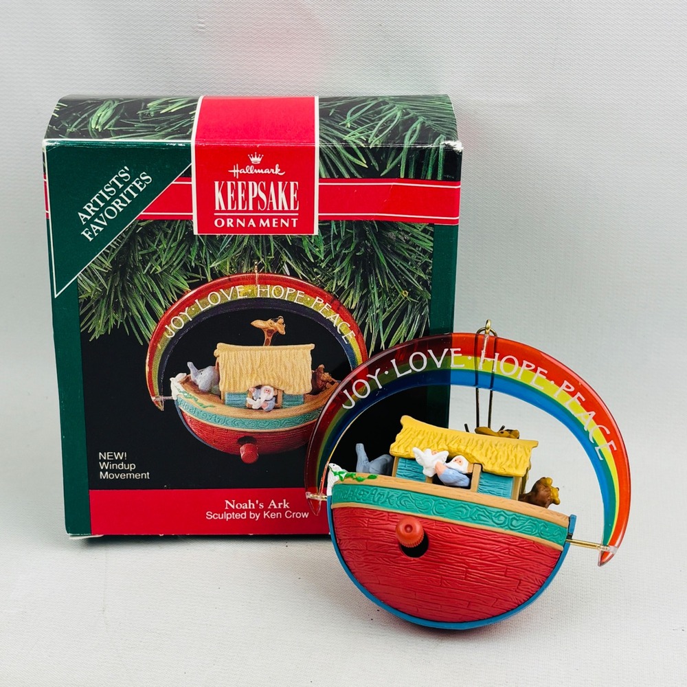 Hallmark Noahs Ark Windup Ornament Rainbow Joy Love Hope Peace Ken Crow 1991